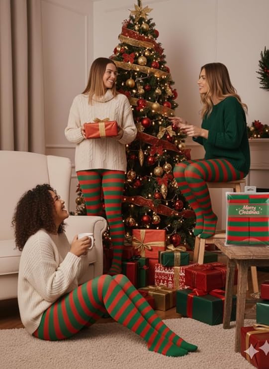 labreeze Pack of 3 Women’s Red and Green Christmas Tights – Festive Candy Cane Striped Elf Tights for Holiday Costumes & Parties