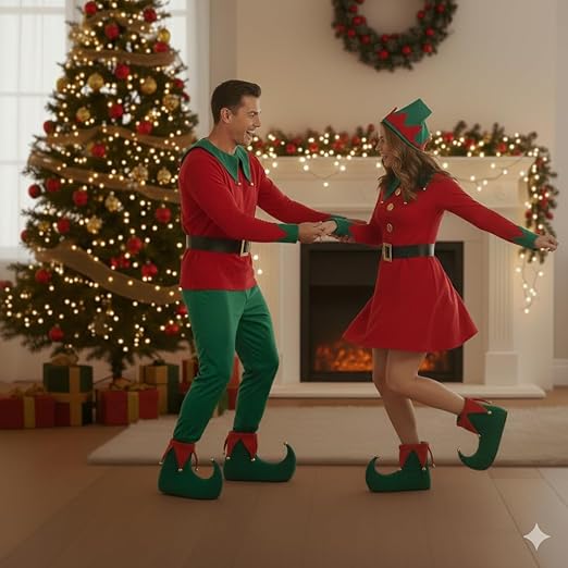 labreeze Pack of 2 Adult Deluxe Elf Boots – Green & Red Plush Christmas Elf Shoes