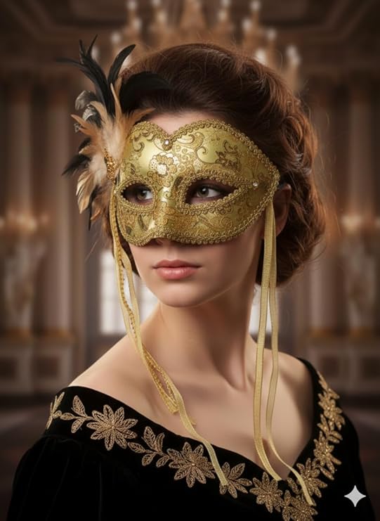 labreeze Gold Venetian Masquerade Eye Mask with Feather – Glitter & Ribbon Costume Accessory