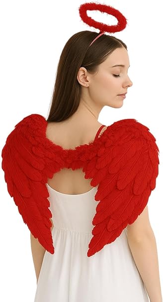 Adult Red Angel Wings and Halo 2-Piece Costume Set – Feather Fancy Dress Accessories for Women & Men – Halloween, Devil Angel, Cosplay & Themed Events