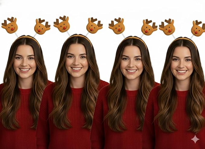 labreeze Christmas Reindeer Head Bopper Headbands – Glittery Wobbling Reindeer Toppers, Festive Party Accessory, 4 Pack