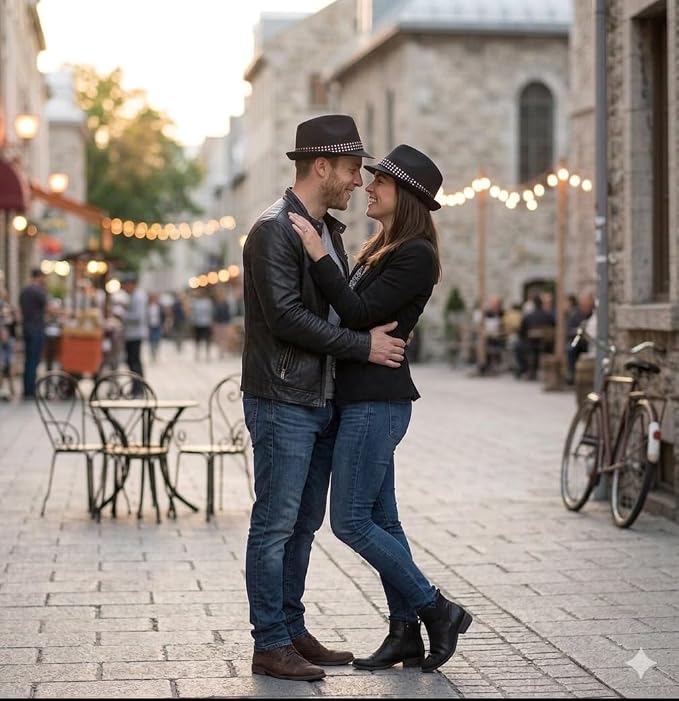 labreeze Matching Couple Black Trilby Hat Set with Gem Stone Band – 2 Pack Adult Fancy Dress Hats for Festivals & Cosplay