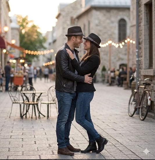 labreeze Matching Couple Black Trilby Hat Set with Gem Stone Band – 2 Pack Adult Fancy Dress Hats for Festivals & Cosplay