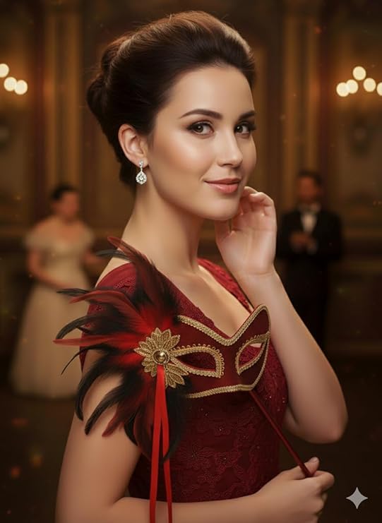 labreeze Red Masquerade Mask with Feathers on Stick – Venetian Style Handheld Party Mask