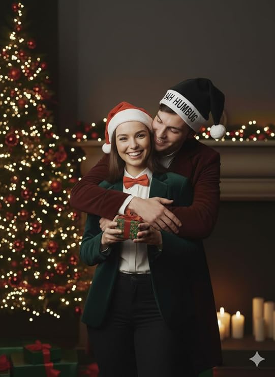 Labreeze Couples Christmas Set with Bah Humbug Hat, Santa Hat and Red Bow Tie – Festive Holiday Costume Accessories