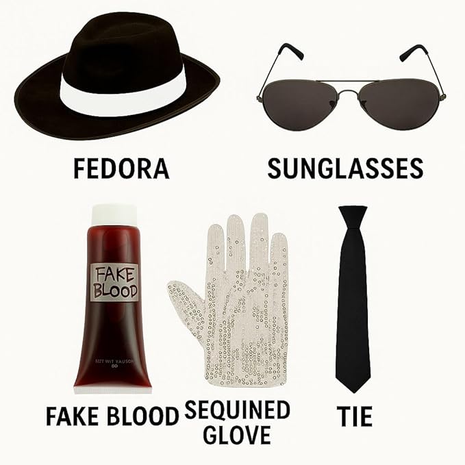 Women’s Halloween Gangster Costume Accessories Set – Al Capone Hat, Black Tie, Aviator Glasses, Sequin Glove & Fake Blood – Fancy Dress Kit for Girls & Ladies