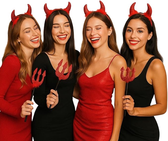 labreeze 4 Red Sequin Devil Horns Headbands and 3 Red Devil Pitchforks – Women’s Halloween Costume Accessories Set for Fancy Dress, Hen Parties & Cosplay