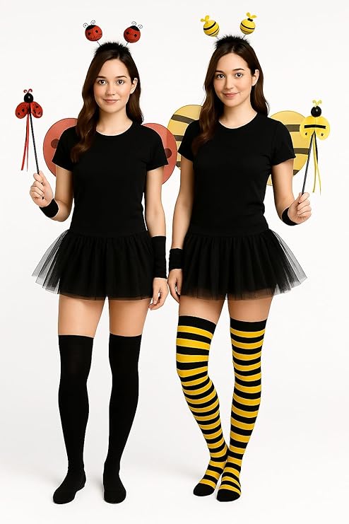 Set for 2 Women – Ladybird 3-Piece Costume with Black Tutu Skirt & Over-the-Knee Socks and Bumblebee 3-Piece Set with Tutu Skirt & Black Yellow Striped Socks – Matching Halloween & Party Outfits