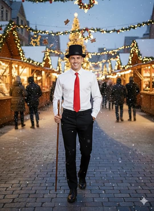 Labreeze Men's Dickens Caroler Costume Kit – Victorian Christmas Accessories with Black Top Hat, Red Tie & Shepherd’s Crook