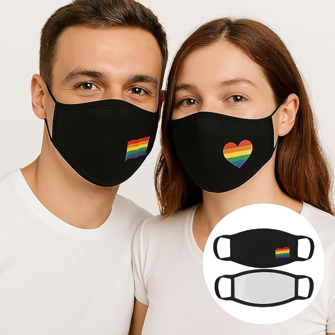 4 x Rainbow Pride Face Mask, Black Cotton with Heart and Flag Design, LGBTQ Support