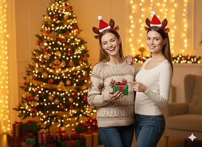 labreeze Pack of 2 Reindeer Antler Headbands with Ears and Santa Hat – Christmas Hair Accessories for Women
