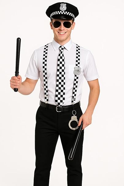 labreeze Policeman Fancy Dress Accessory Set – Hat, Black Sunglasses, Truncheon, Badge, Handcuffs, Chequered Tie & Braces – 7 Piece Set for Adults - Labreeze Ltd