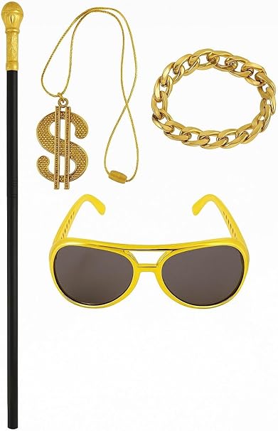 labreeze Pimp Fancy Dress Accessory Set – 3-Piece Cane with Top, Dollar Sign Necklace (11cm), Bling Bracelet (31cm) & Retro Sunglasses – Costume Kit for Parties, Halloween & Themed Events