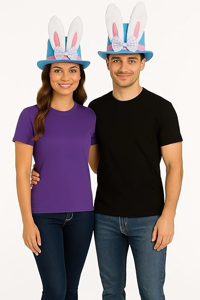 labreeze Easter Bunny Ears Top Hat Set for Couples – 2 Light Blue Bunny Hats with Pink Band & Bow – Fun Easter Fancy Dress & Costume Accessory