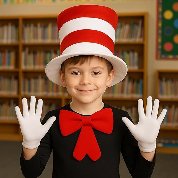 labreeze Children’s Red and White Striped Top Hat Costume Set – Tall Hat, Short White Gloves & Large Red Bow Tie (34×23.5cm) – Kids Fancy Dress Book Day Outfit