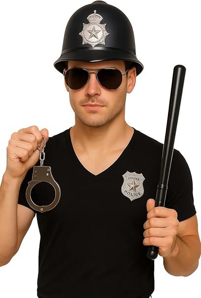 labreeze Police Officer Fancy Dress Accessory Set – Helmet, Black Sunglasses, Badge, Truncheon & Handcuffs – Adult Cop Costume Kit for Halloween, Cosplay & Parties - Labreeze Ltd