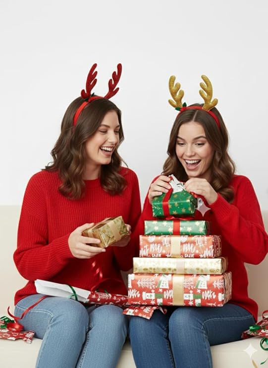 Labreeze Set of 2 Christmas Glitter Reindeer Antlers Headbands – Red & Gold Festive Holiday Accessories