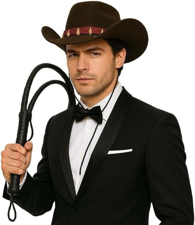 labreeze 2 Brown Cowboy Hats with Teeth & 2 Explorer Whips (2m) Set for Couple – Perfect for Western, Cowboy, Explorer Themed Costumes – Ideal for Halloween, Cosplay, and Party Costumes