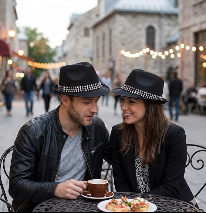 labreeze Matching Couple Black Trilby Hat Set with Gem Stone Band – 2 Pack Adult Fancy Dress Hats for Festivals & Cosplay