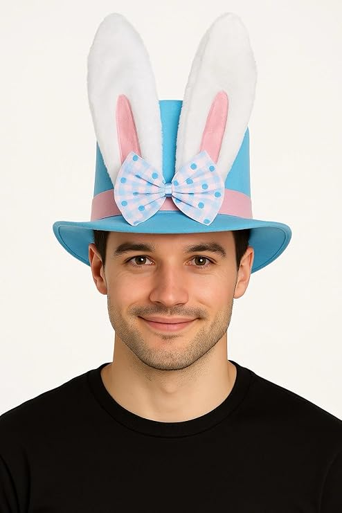 labreeze Easter Bunny Ears Top Hat Set for Couples – 2 Light Blue Bunny Hats with Pink Band & Bow – Fun Easter Fancy Dress & Costume Accessory