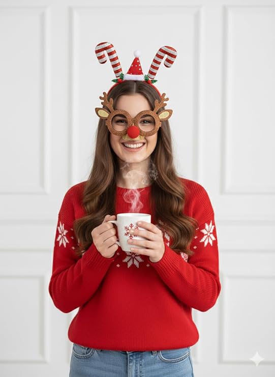 Labreeze Christmas Party Accessory Set – Glitter Reindeer Glasses, Candy Cane Headband & Santa Hat for Adults