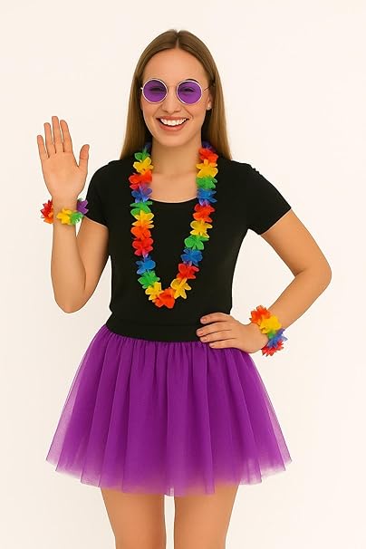 labreeze Women's 3-Layer Purple Tutu Skirt with Rainbow Lei Set and Sunglasses, Festival Fancy Dress Costume