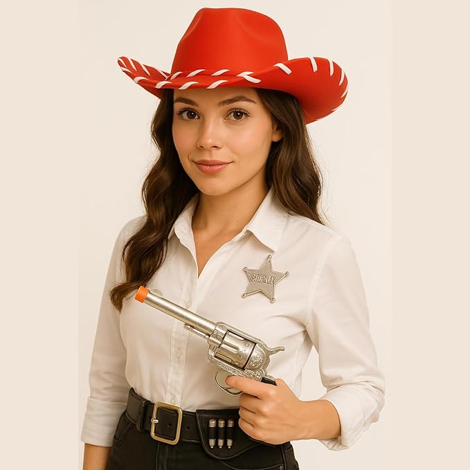 labreeze Couples Cowboy Sheriff Costume Set – Red & Brown Hat with Accessories – Western Fancy Dress
