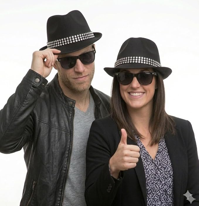 labreeze Black Trilby Hat & Austin Glasses Couples Set – 2 Hats & 2 Pairs of Glasses for Fancy Dress