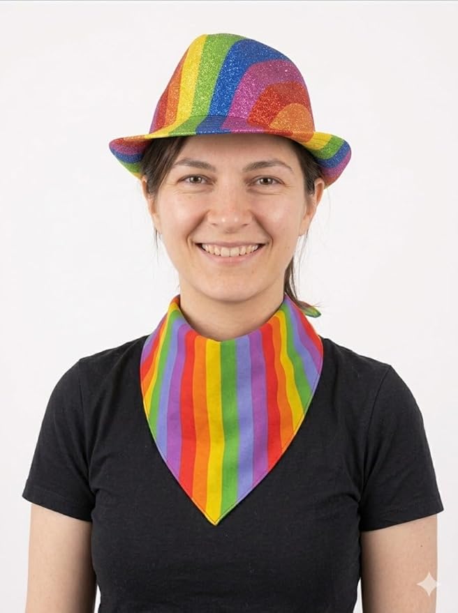 labreeze Rainbow Pride Metallic Tinsel Trilby Hat & Bandana Set – Multicolour Festival Fancy Dress Accessories - Labreeze Ltd