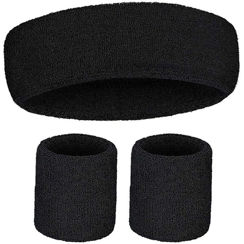 Black Towelling Sports Headband and Wristbands Set - Highly Absorbent Sweatbands for Running, Gym, Yoga & Athletics - Comfortable Fit for Men & Women