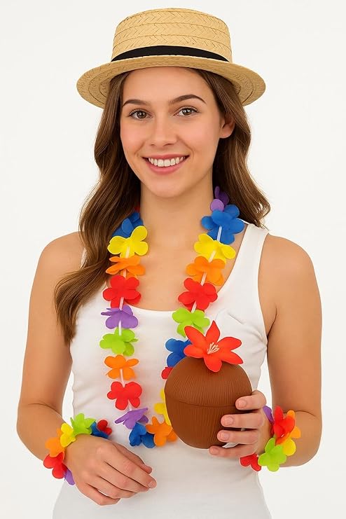 labreeze Hawaiian Fancy Dress Set for Women – Coconut Cup with Red Flower & Straw and 3 Hula Leis – 4 Piece Luau Party Accessory Kit