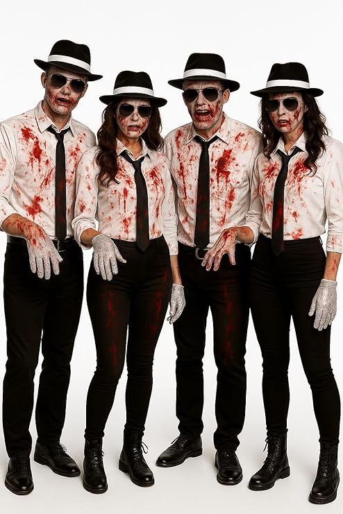 labreeze Halloween Gangster Costume Accessories Set for Two Couples – Includes 4 Black Al Capone Hats, 4 Black Ties, 4 Aviator Glasses, 4 Sequin Gloves and 4 Fake Blood Tubes for Adult Fancy Dress