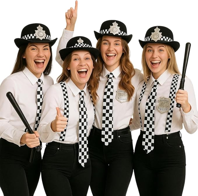 Policewoman Hat, Braces, Tie, Badge & Truncheon Fancy Dress Costume Set – Group Accessory Kit for Women