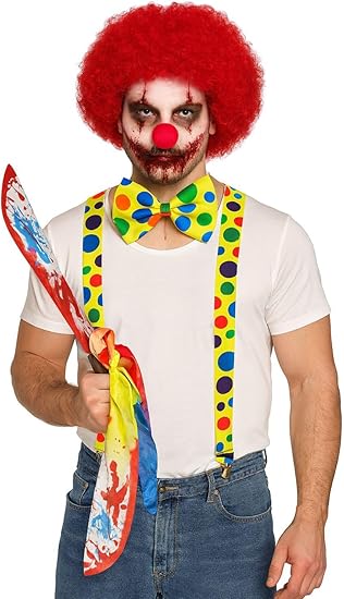 Men’s Killer Clown Style Halloween Set – Red Afro Wig, Face Paint, Fake Blood, Machete Prop, Red Braces & Bow Tie – Adult Horror Fancy Dress Costume Accessories Kit