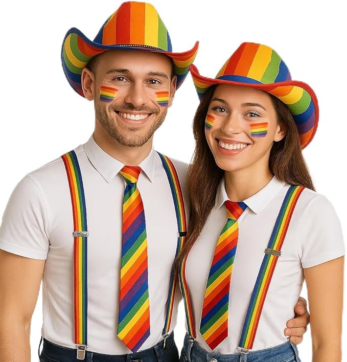 labreeze 2 x Adults Couples Rainbow Cowboy Hat Ties Braces For Gay Pride Fancy Dress