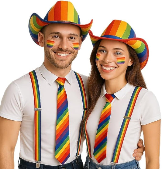 labreeze 2 x Adults Couples Rainbow Cowboy Hat Ties Braces For Gay Pride Fancy Dress
