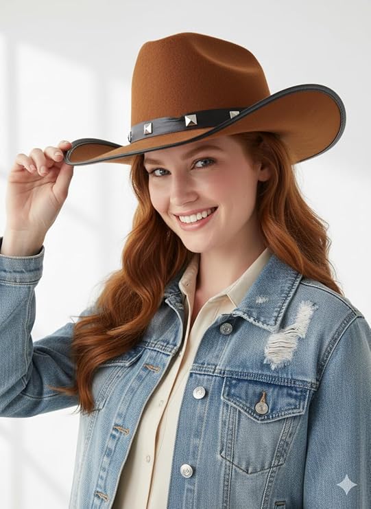 labreeze Brown Felt Western Cowboy Hat with Studded Band – Adult Party Hat