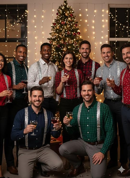 Labreeze Pack of 12 Silver Sequin Braces – Adjustable Adult Glitter Suspenders for Christmas Parties