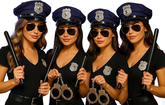 labreeze Policewoman Fancy Dress Accessories Set – 4 Hats, 4 Sunglasses, 4 Badges, 4 Truncheons & 2 Handcuffs – Group Costume Kit for Women – Ideal for Halloween, Hen Parties & Themed Events