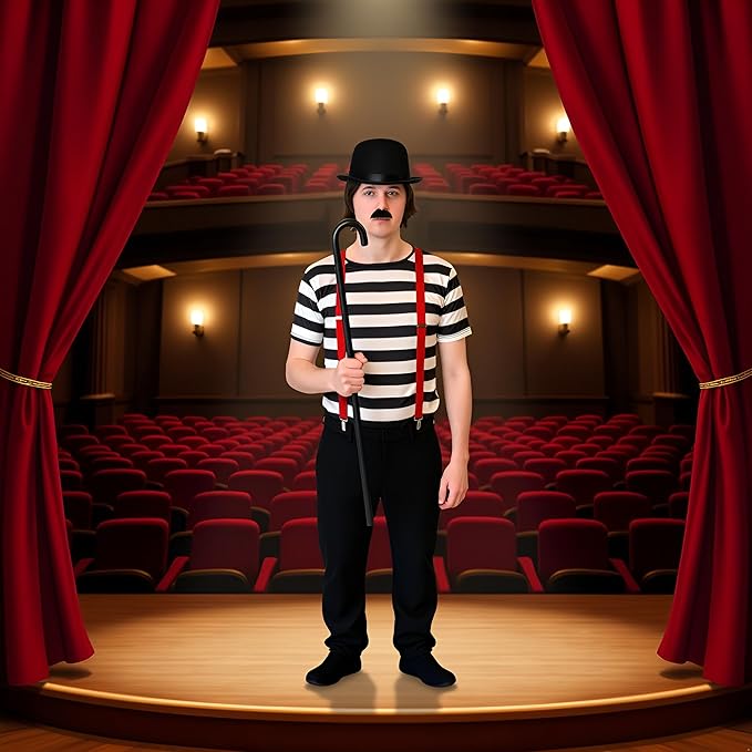 labreeze Men’s Charlie Chaplin Costume Accessory Set – Bowler Hat, Black Bow Tie, Red Braces, Black Cane & Moustache – 5-Piece Fancy Dress Kit for Adults, Theatre, Cosplay & Comedy Events