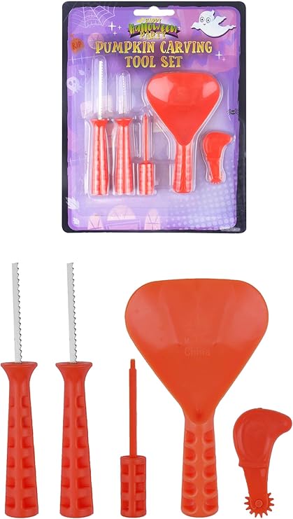 5-Piece Pumpkin Carving Tool Set Including Scoop, Safety Saw, Poker and Engraver – Halloween Jack O’ Lantern Accessories Kit for Kids