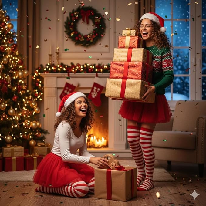 Labreeze Mrs Claus Classic Outfit Set – Red/White Tights, Red Tutu Skirt & Santa Hat – Festive Christmas Costume for Women