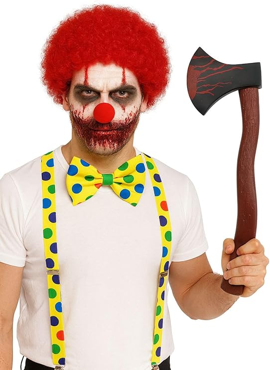 Men’s Red Afro Wig, White Face Paint, Red Braces, Bow Tie, Knife & Fake Blood – Adult Fancy Dress Costume Accessories Set for Halloween, Horror, Cosplay, Parties & Themed Events
