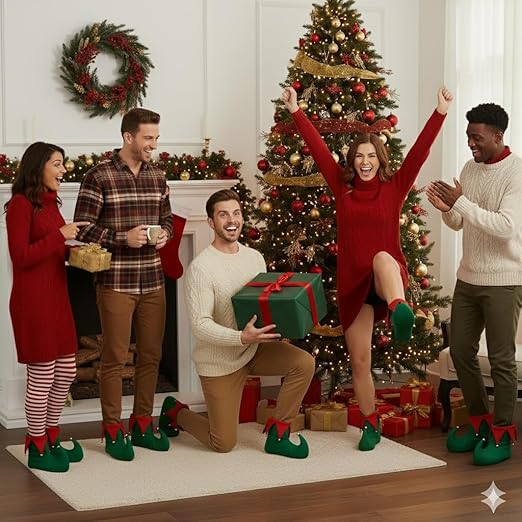 labreeze Pack of 5 Adult Deluxe Elf Boots – Green & Red Plush Christmas Elf Shoes