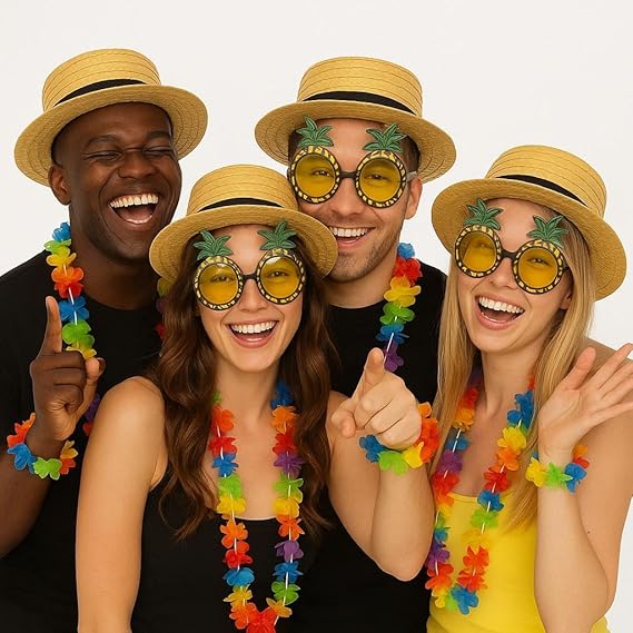labreeze Party Costume Accessory Set, Straw Boater Hat with Pineapple Sunglasses and Hawaiian Lei, 4-Piece Pack for Adults