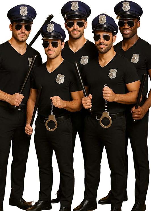 labreeze Policeman Fancy Dress Costume Set – 5 Hats, 5 Sunglasses, 5 Police Badges, 5 Truncheons & 2 Handcuffs – Group Cop Accessories for Adults – Ideal for Stag Parties, Halloween & Cosplay