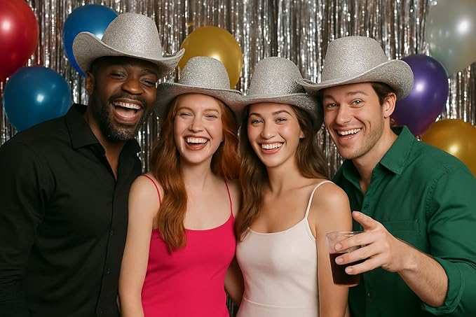 Set of 4 Silver Sequin Disco Cowboy Hats – Glittering Party Hats for Themed Events, Festivals, Hen Parties, Stag Dos, and Fancy Dress Costumes