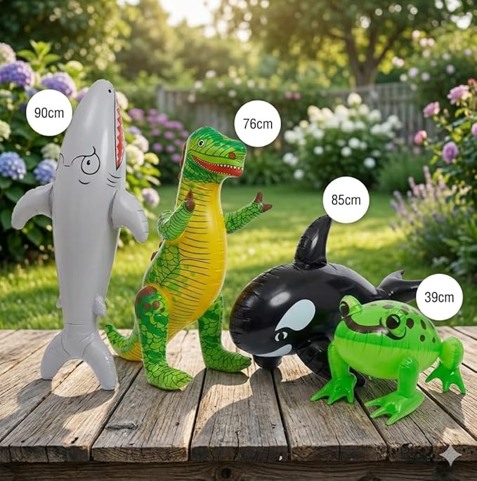 labreeze Set of 4 Inflatable Animal Toys – Shark, T-Rex Dinosaur, Whale & Frog Party Decorations - Labreeze Ltd