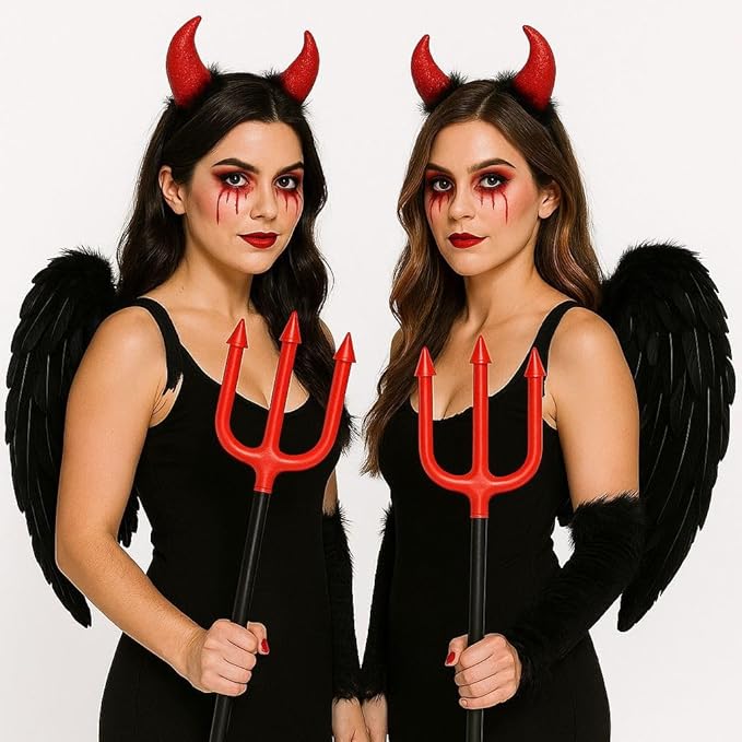 labreeze Women’s Halloween Angel & Devil Set – 2x Black Feather Wings, Devil Horns with Fur Headbands and 103cm Devil Forks – Fancy Dress Costume Accessories for Parties & Cosplay