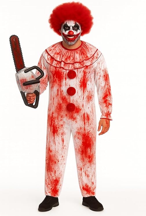 labreeze Halloween Horror Clown Costume Set with Chainsaw Prop, Blood Red and White Jumpsuit, Red Wig & Fake Blood – Adult Killer Clown Fancy Dress Outfit for Halloween Parties, Cosplay & Scary Events